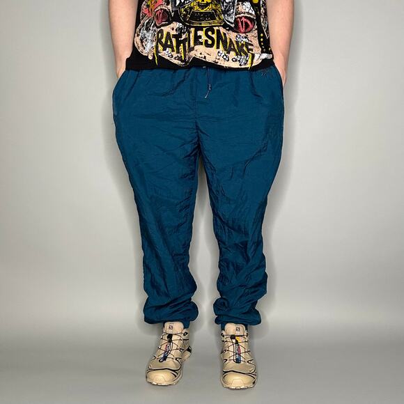 Vintage Reebok Track Pants Slate Blue Nylon Joggers Subtle Embroidered Logo 90s - Picture 3 of 5